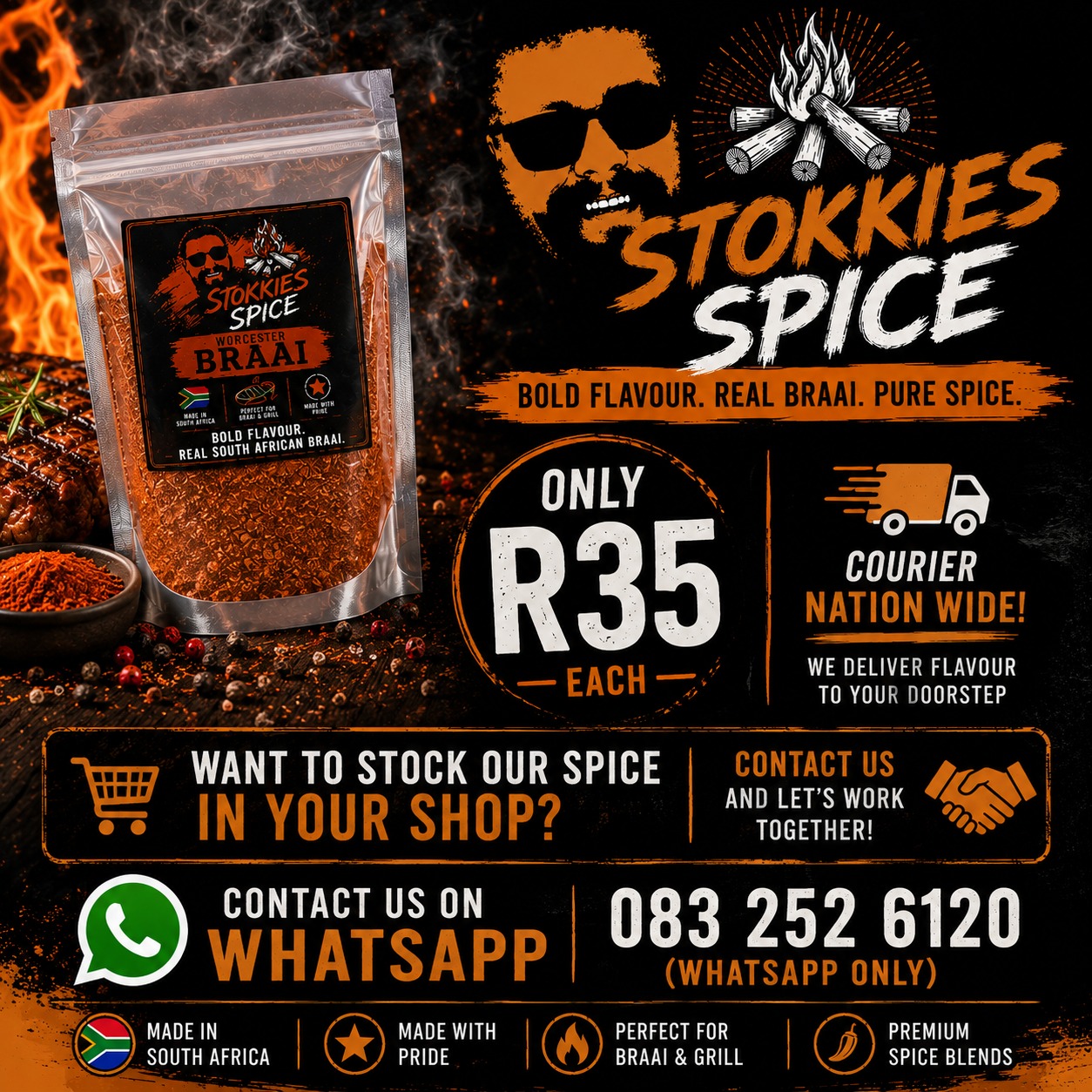 Stokkies Spice Worcester Braai advert and product pack